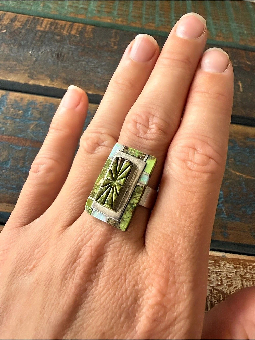 Handmade Sterling Silver Green and Opal stones Southwestern Ring US Size 9 1/2